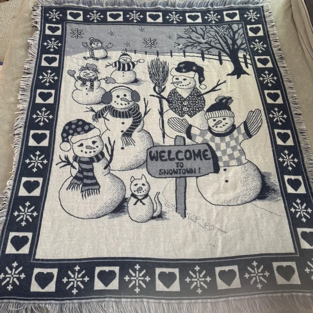Vintage Welcome to Snowtown Snowman Family Throw Tapestry Blanket Blue Gray EUC‎
